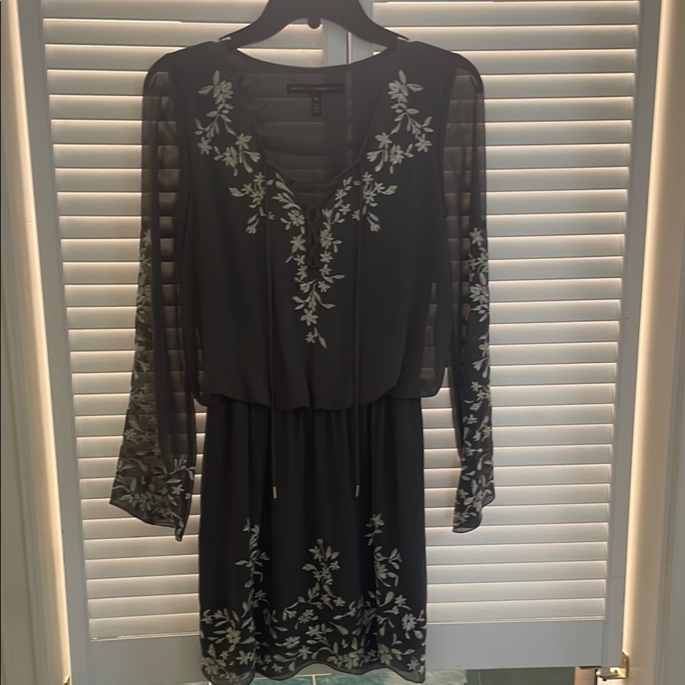 White House Black Market Black Silver Bishop Sleeve V-Neck Dress